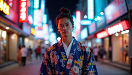 Confident Asian man wearing traditional kimono walking through vibrant lantern-lit street in Japan