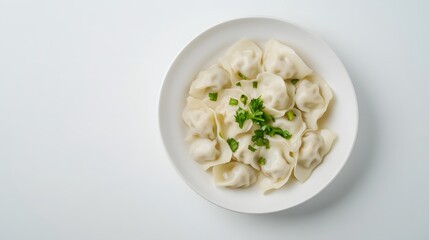 Top view of delicious dumplings with green garnish in white bowl