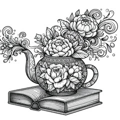  Books with flower coloring book page 