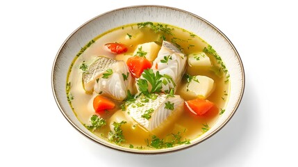 Delicious fish soup with vegetables and herbs in a bowl on white background