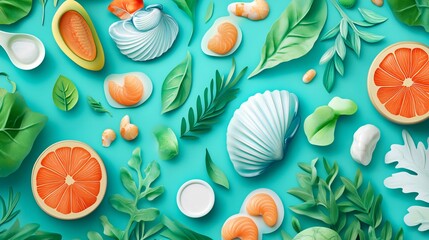 65. Generative AI-generated visual of natural Vitamin B12 sources, including shellfish, dairy, and leafy greens, depicted in a colorful and informative layout