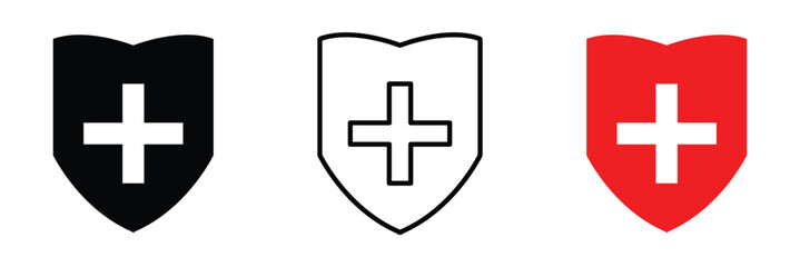 Obraz premium Health shield icons. Health protection symbols. Safety medicine. Immune system icon. Medical cross in the shield. Vector illustration in eps 10.