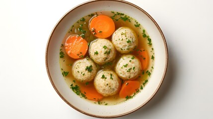 Delicious matzo ball soup with carrots and fresh herbs in a bowl