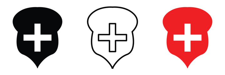 Obraz premium Health shield icons. Health protection symbols. Safety medicine. Immune system icon. Medical cross in the shield. Vector illustration in eps 10.