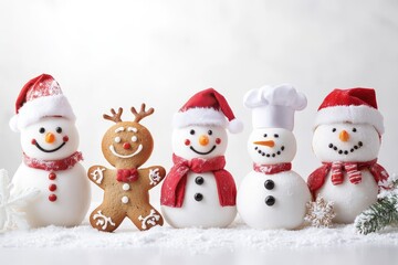 A cheerful group of snowmen, a reindeer, and a gingerbread man stand together in a snowy scene, celebrating the festive season.