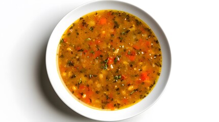 Hearty vegetable soup in white bowl with fresh herbs and spices