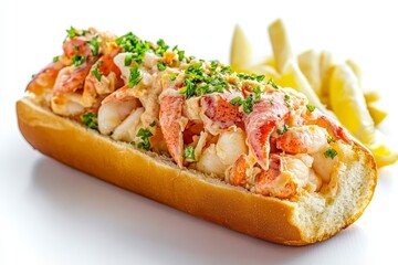 A classic lobster roll with creamy sauce, fresh parsley, and a side of french fries. This is the perfect summer meal for a casual lunch or dinner.