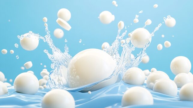 80. Illustrative 3D scene showing milk tablets splashing onto calcium balls on a blue background, emphasizing the role of vitamin D in strengthening bones