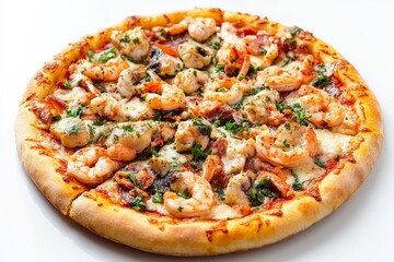 A close-up of a delicious seafood pizza with shrimp, mushrooms and herbs on a white background. The...