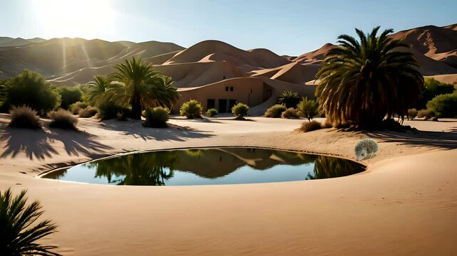 A beautiful view of an oasis in the desert.  Seamless looping 4k time-lapse animation video background
