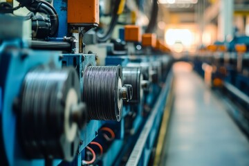 Fototapeta premium A close-up of a wire drawing machine in an industrial setting, showcasing the precision and power of modern manufacturing. The machine is used to draw metal wire, creating a continuous and efficient p