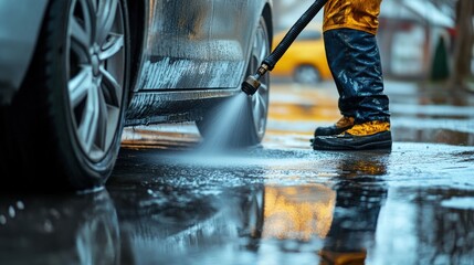 Worker pressure washing car wheels clean spray detailed image capturing equipment in action perfect reflections on the polished surface bright outdoors