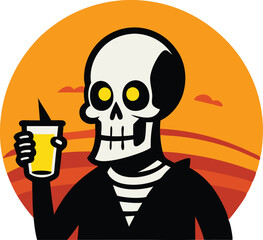 t-shirt design with sunset in silhouette skull drinking bear.