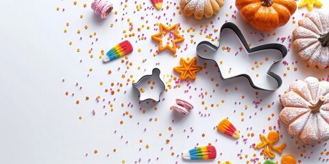 Halloween-themed baking supplies, including cookie cutters and sprinkles on a white background with space for text.