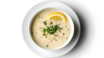 Creamy lemon soup with fresh parsley and pepper garnish