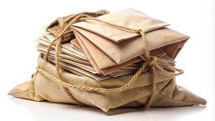 A sturdy canvas bag overflows with letters and envelopes, meticulously tied with twine and resting alone against a