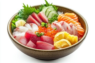A colorful and appetizing bowl of sashimi featuring fresh salmon, tuna, ikura (salmon roe), white fish, and cucumber, served on a bed of rice, perfect for a healthy and flavorful meal.