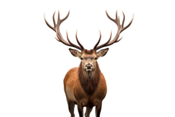 A majestic red deer stag with large antlers standing proudly isolated on white background