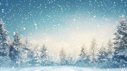 Peaceful snowy landscape with pine trees and soft falling snowflakes under a clear blue sky