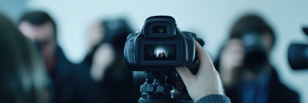 The image depicts a hand holding a camera, capturing an event filled with people, focusing on the moment of documentation and the importance of recording significant occasions.