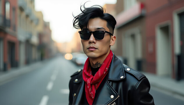 Stylish Asian man in leather jacket and sunglasses on urban street, embodying rebellious fashion and attitude