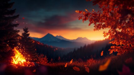 A cozy campfire glows beneath a vibrant autumn sky, surrounded by colorful leaves and majestic mountains. The scene evokes warmth, tranquility, and the beauty of nature's changing seasons.