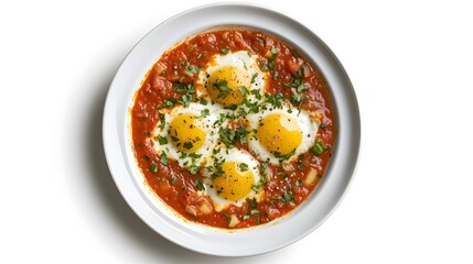 Delicious shakshuka with poached eggs and fresh herbs in tomato sauce