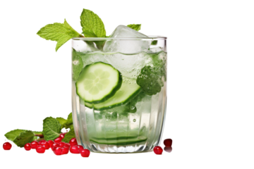 A lively gin and tonic cocktail with vibrant green cucumber ribbons, fresh mint, and a splash of pomegranate juice isolated on white background
