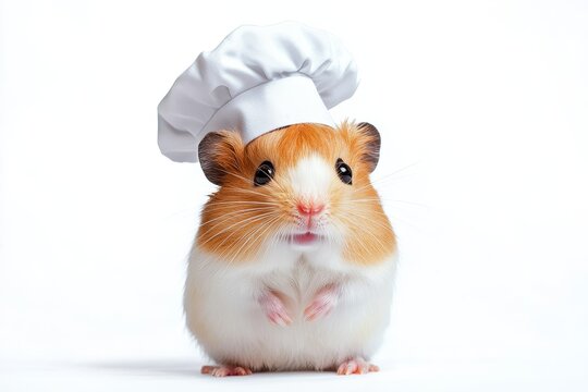 A cute hamster wearing a white chef hat, looking directly at the camera with a playful expression.  This image is perfect for food-related projects, pet-themed content, or adding a touch of humor.