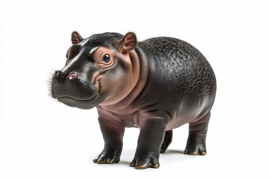 a baby pygmy hippo who standing on isolated white background.
