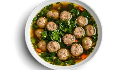 Delicious italian wedding soup with meatballs and fresh vegetables in a bowl