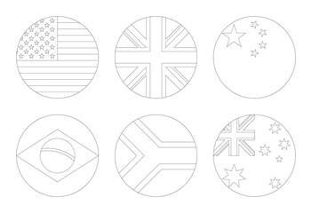 circle icon outline set of flags of united states, united kingdom, china, brazil, south africa and australia. vector illustration isolated on white background