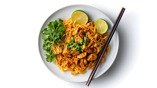Delicious chicken pad thai with lime garnish on a white plate