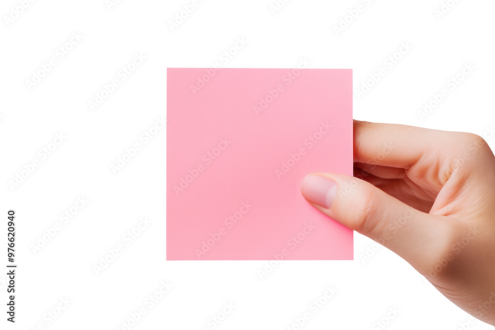 Wall mural a hand holding a pink sticky note ready to stick it on a surface isolated on white background