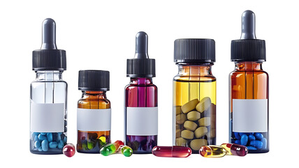 A collection of glass bottles filled with various pills and capsules, showcasing medical containers for health and pharmaceutical use with clipping path, PNG collection, PNG image, PNG files, Generati