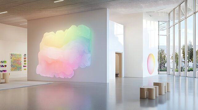 An avant-garde community center with shifting holographic murals and glowing outreach programs promoting inclusivity