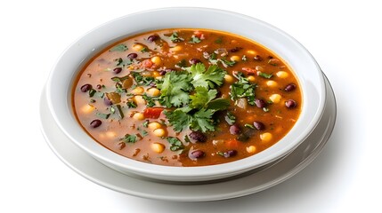 Hearty black bean soup with corn and fresh cilantro garnish in white bowl