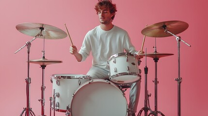 A Young Musician Enthusiastically Playing His Drum Set Against a Vibrant Pink Backdrop. Man and Music Concept