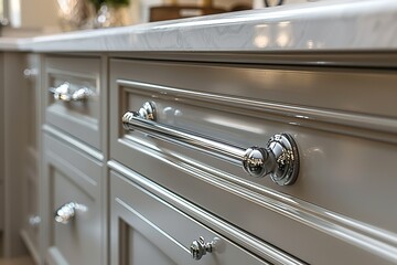 A kitchen counter with a silver handle on a cabinet