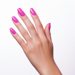Closeup of a woman's hand, sleek fingers. Shocking pink nail polish isolated on a white background.