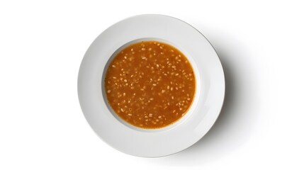 Rich tomato soup with rice on white plate - minimalist food photography