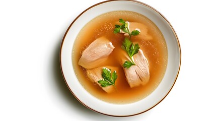Hearty chicken soup with fresh herbs in a ceramic bowl on a white background