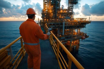 An HSE officer on an offshore platform implementing safety protocols to ensure compliance with maritime regulations in the oil and gas industry.
