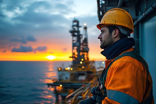 An HSE officer on an offshore platform implementing safety protocols to ensure compliance with maritime regulations in the oil and gas industry.
