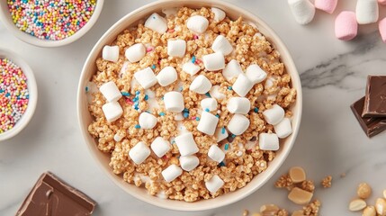 Rice Krispies cereal with marshmallows and chocolate chips and peanut butter and sprinkles and mini marshmallows.