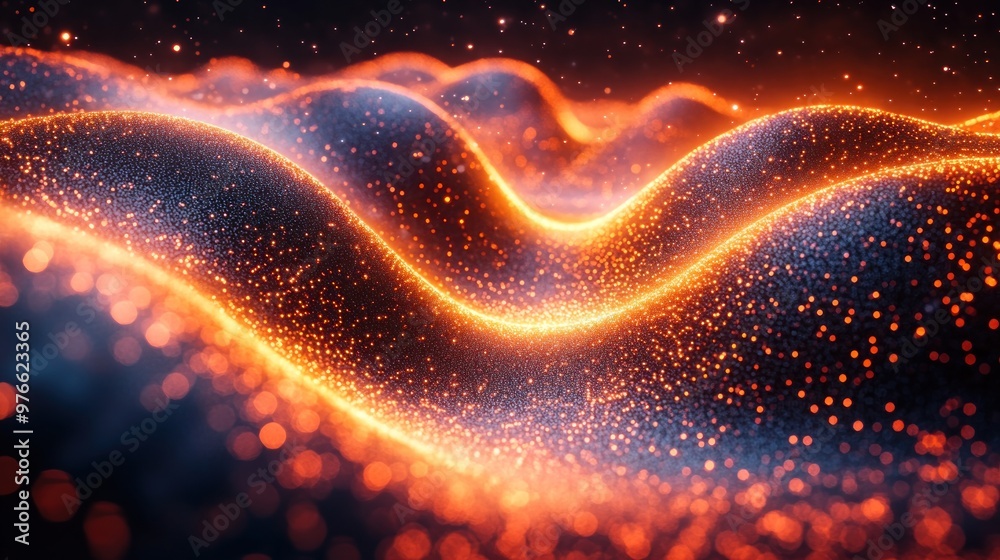 Wall mural Abstract glowing waves with sparkling particles in a dark background.