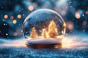 Christmas snow globe sitting on a snowy window sill with pine cones and string lights