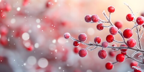 A festive Frosted cranberry branches, blurry background. with space for text or product display. Festive backdrop for holiday designs