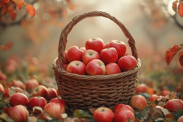 Wicker basket full of apples standing on the ground covered with autumn leaves