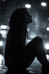 Young woman feeling sad sitting on wet ground at night